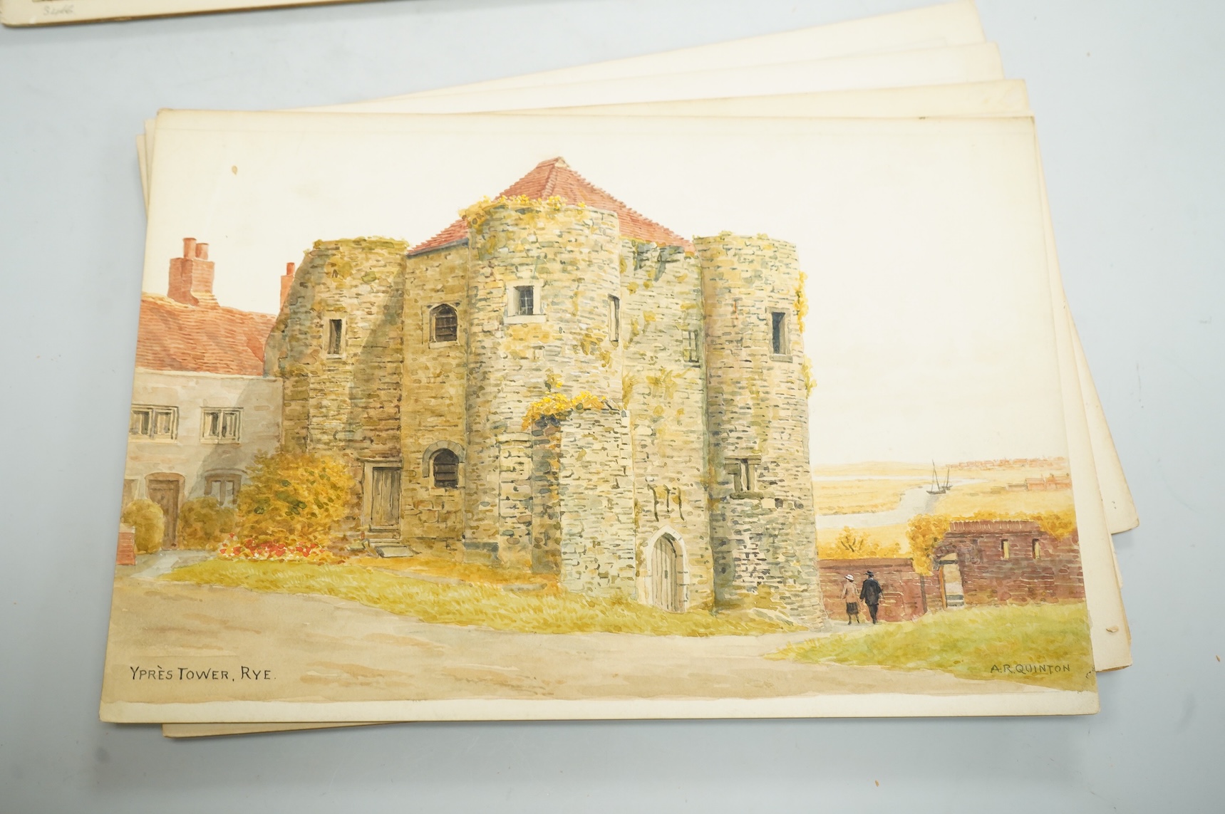 Alfred Robert Quinton (1853-1934), Set of six original watercolours for postcard designs, Sussex coastal towns, to include Warrior Square Gardens, St. Leonards, The Cuckmere Valley, Seaford, Grand Parade and Wish Tower,